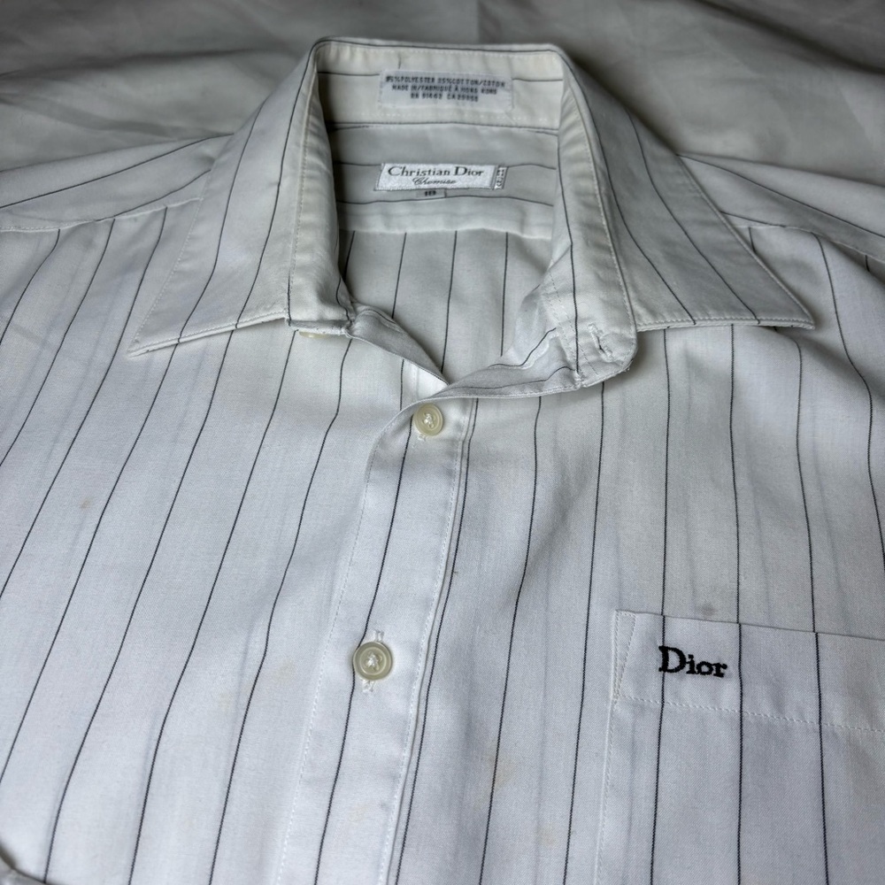 CHRISTIAN DIOR Chemises Pinstriped Womens Dress Shirt Size 18 White Vintage